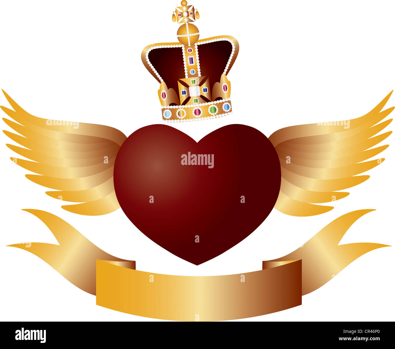 Flying Red Heart with Crown Jewels Wings and Banner Illustration Stock Photo