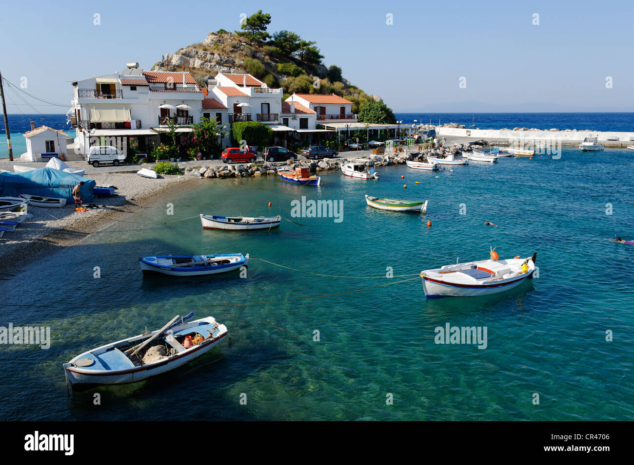 Boats off Kokkari, Samos island, southern Sporades, Aegean sea, Greece, Europe Stock Photo