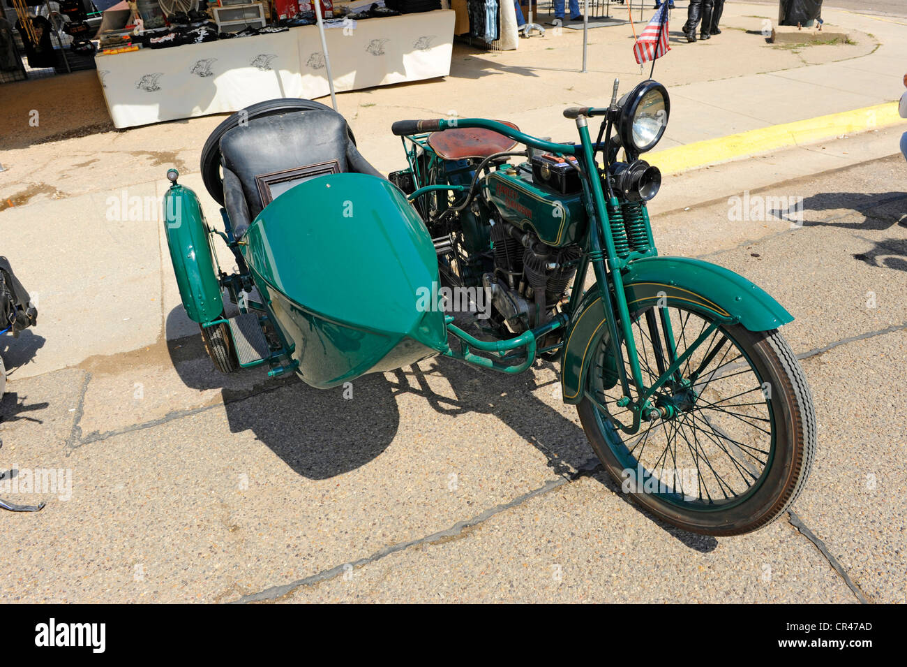 1922 harley davidson antique motorcycle sidecar Hulett Wyoming near Devil's Tower National Monument  Stock Photo