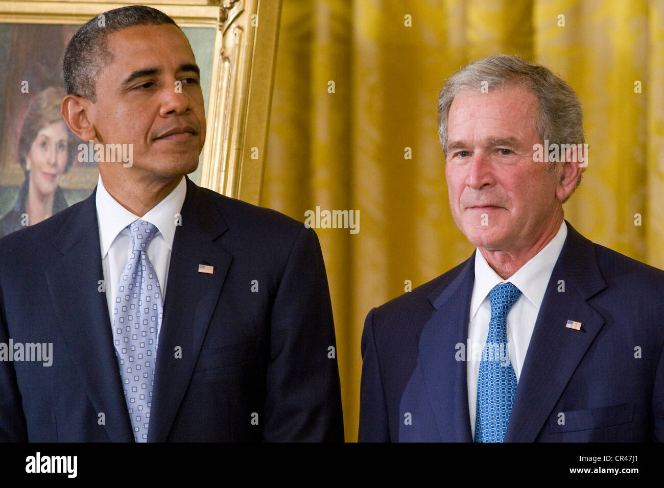 President Barack Obama and President George W. Bush at a White House ceremony. Stock Photo