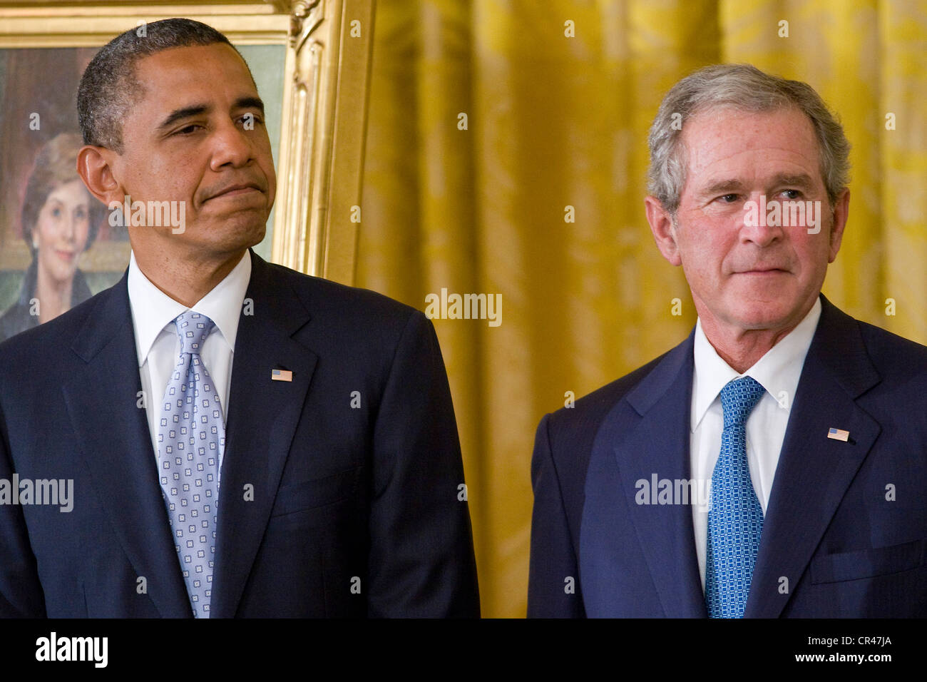 President Barack Obama and President George W. Bush at a White House ceremony. Stock Photo
