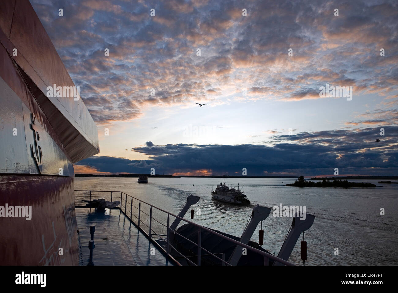 Russia, sunset on the Volga River from the upper deck of Leonid Sobolev cruise ship Stock Photo