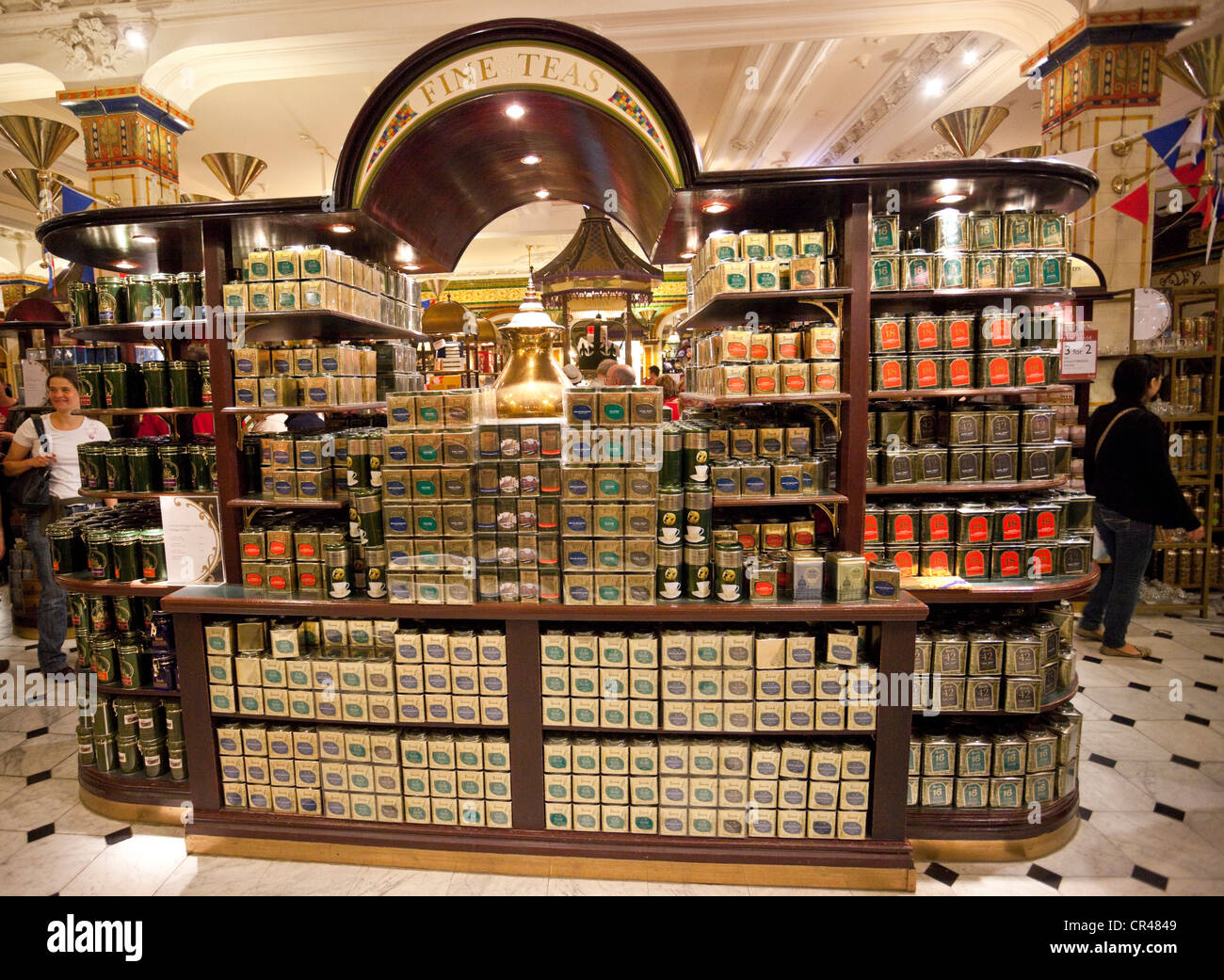Fine tea products displayed in the tea hall at Harrods, London, England ...