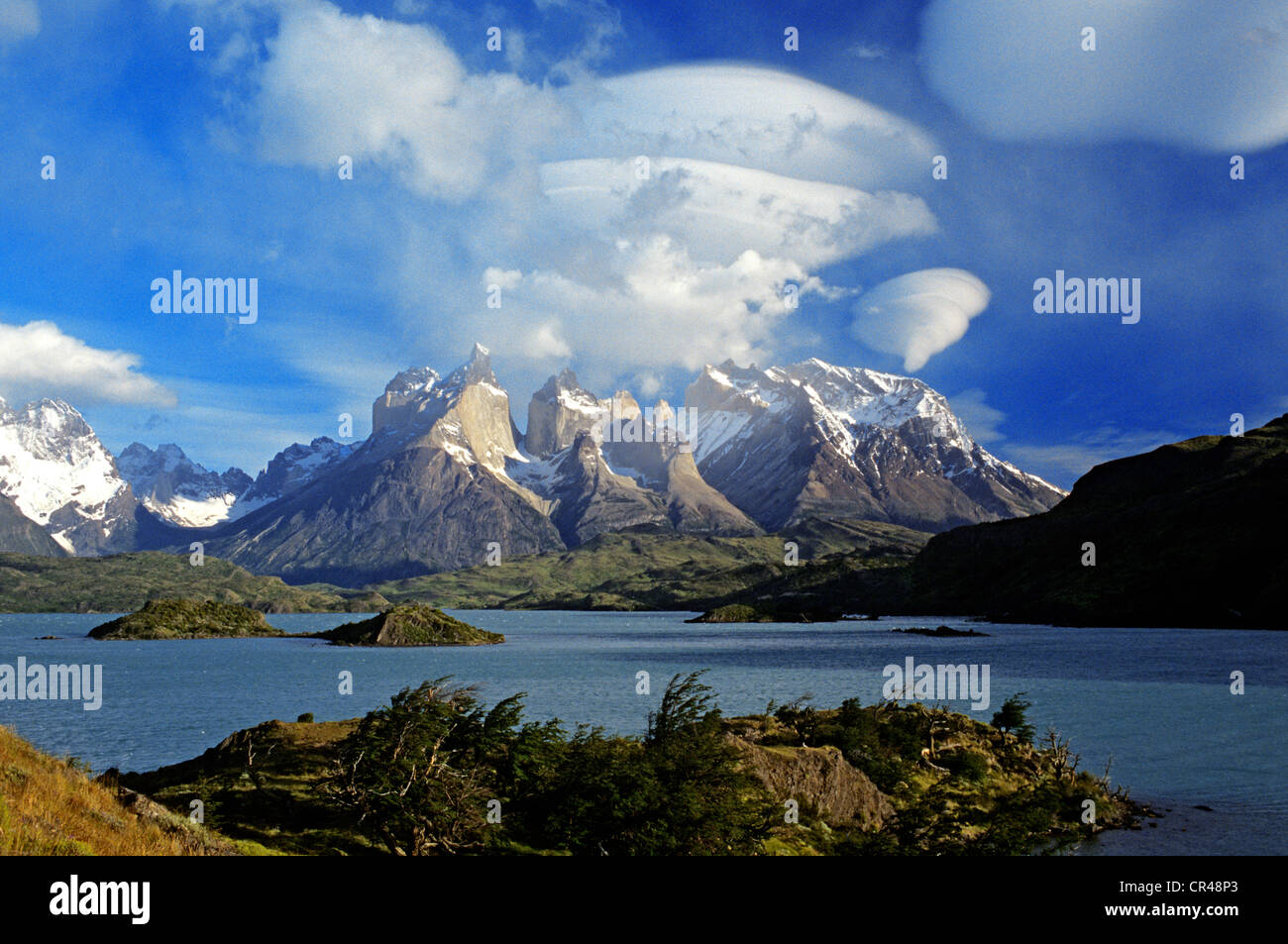 Chile, Magallanes and Antartica Chilena Region, Ultima Esperanza Province, Torres del paine National Park, Pehoe Lake and the Stock Photo