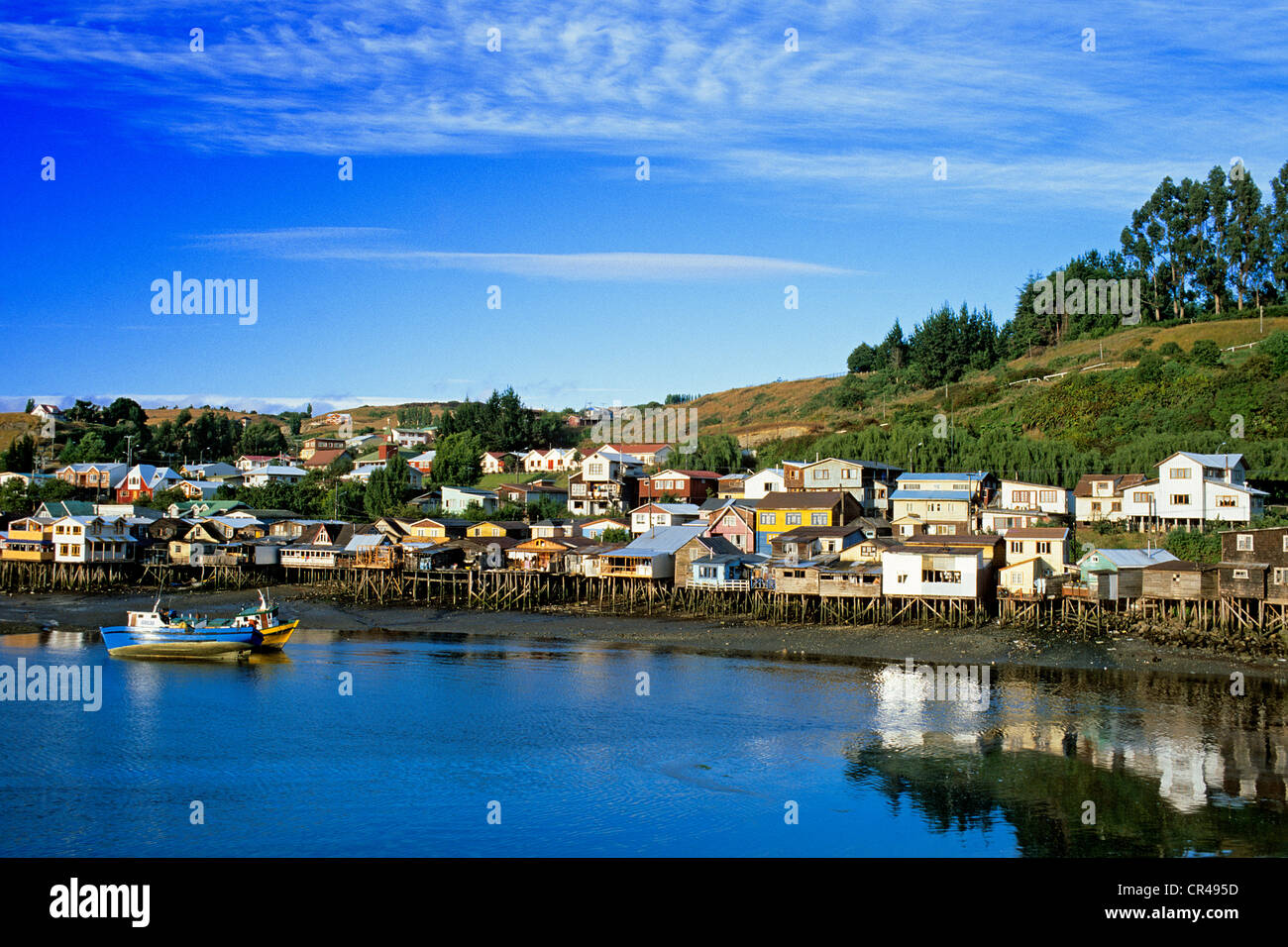 Chile, Los Lagos region, Chiloe Province, Chiloe Island, Castro, the palafitos (houses on Stilts) of the fishermen's districts Stock Photo