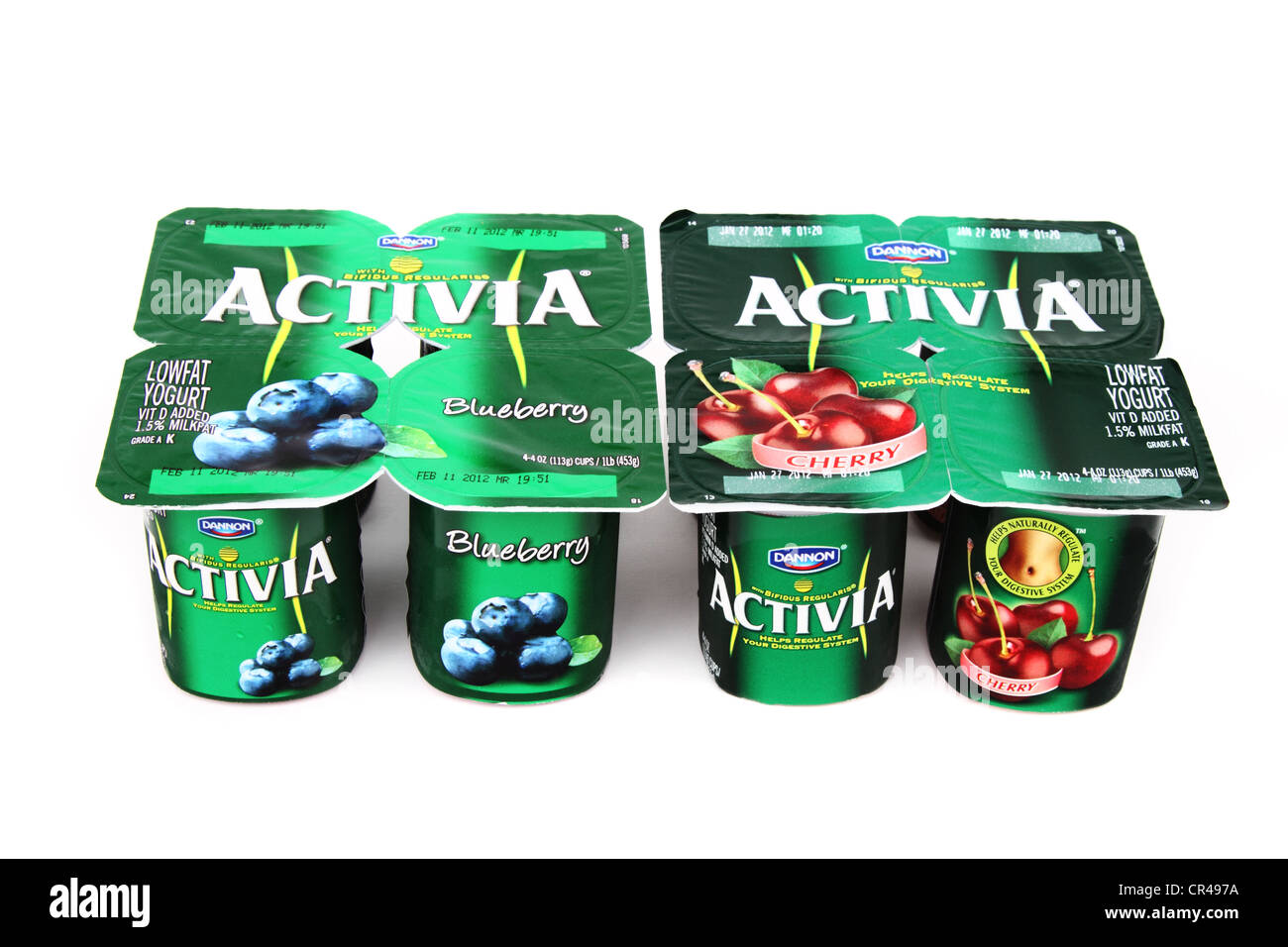 Editorial studio product shot of two fourpacks of Activia yogurt made