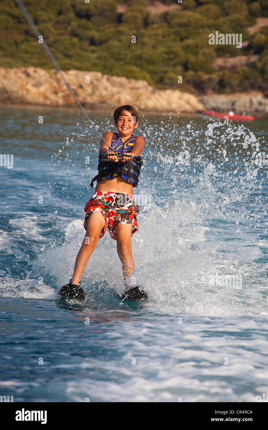 France, Corse du Sud, boy at waterski Stock Photo