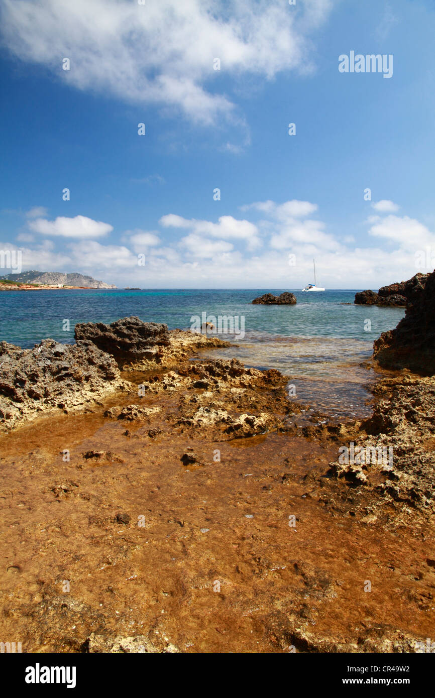 Rocky beach of Pou d'es Lleo, Ibiza, Spain, Europe Stock Photo