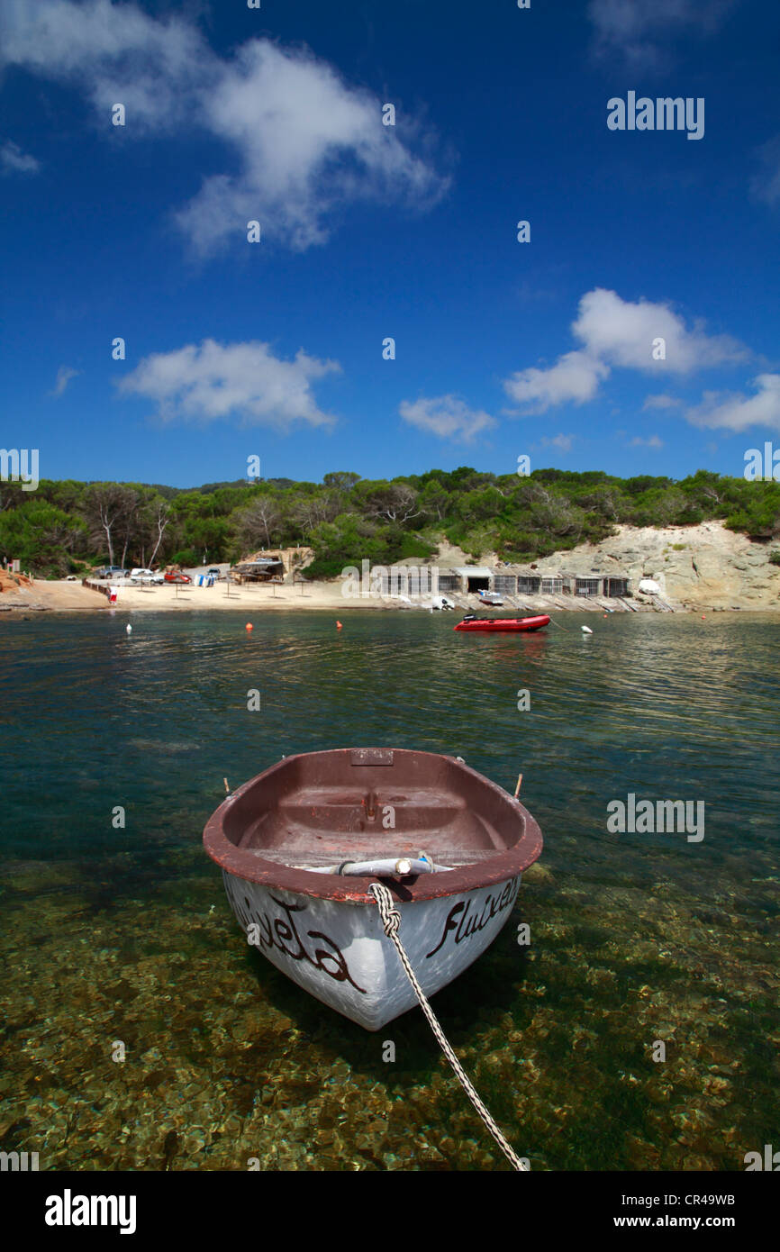 Small tenderboat, dinghy, moored at the beach of Pou d'es Lleo, Ibiza, Spain, Europe Stock Photo