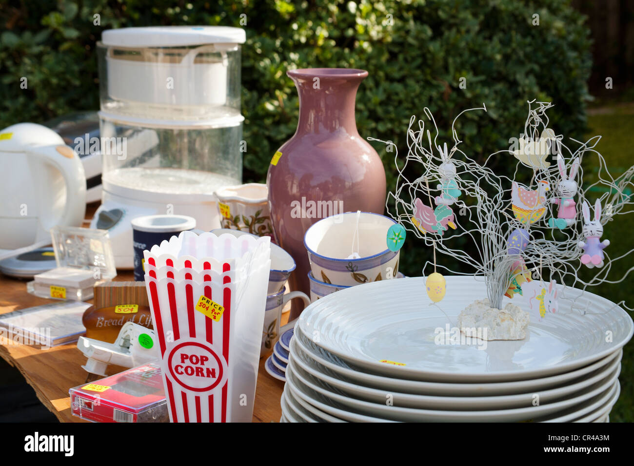 Items for sale at a garage sale Stock Photo