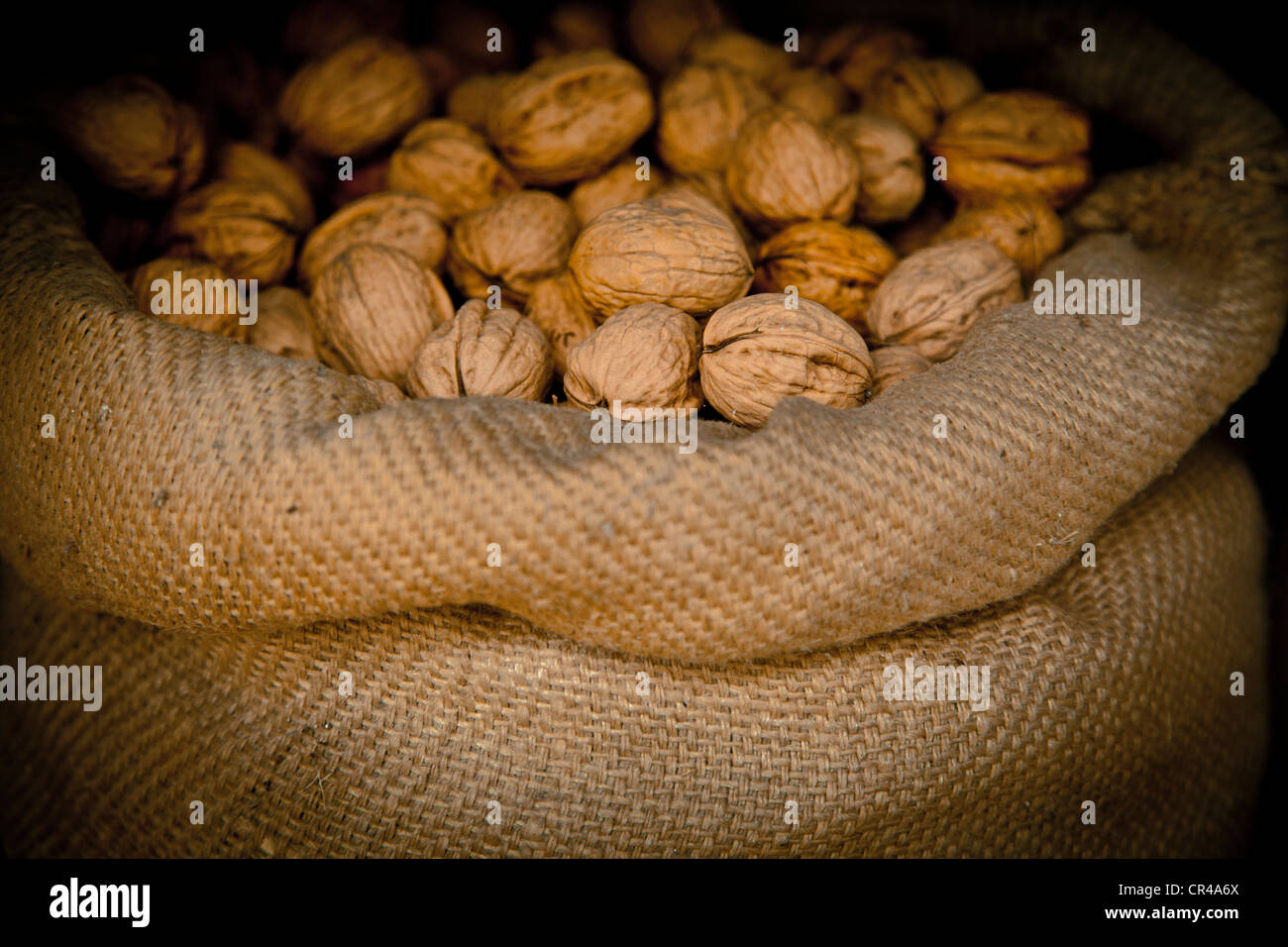 Walnuts in a jute bag, Walnut Road, Perigord Noir, Dordogne, France, Europe Stock Photo