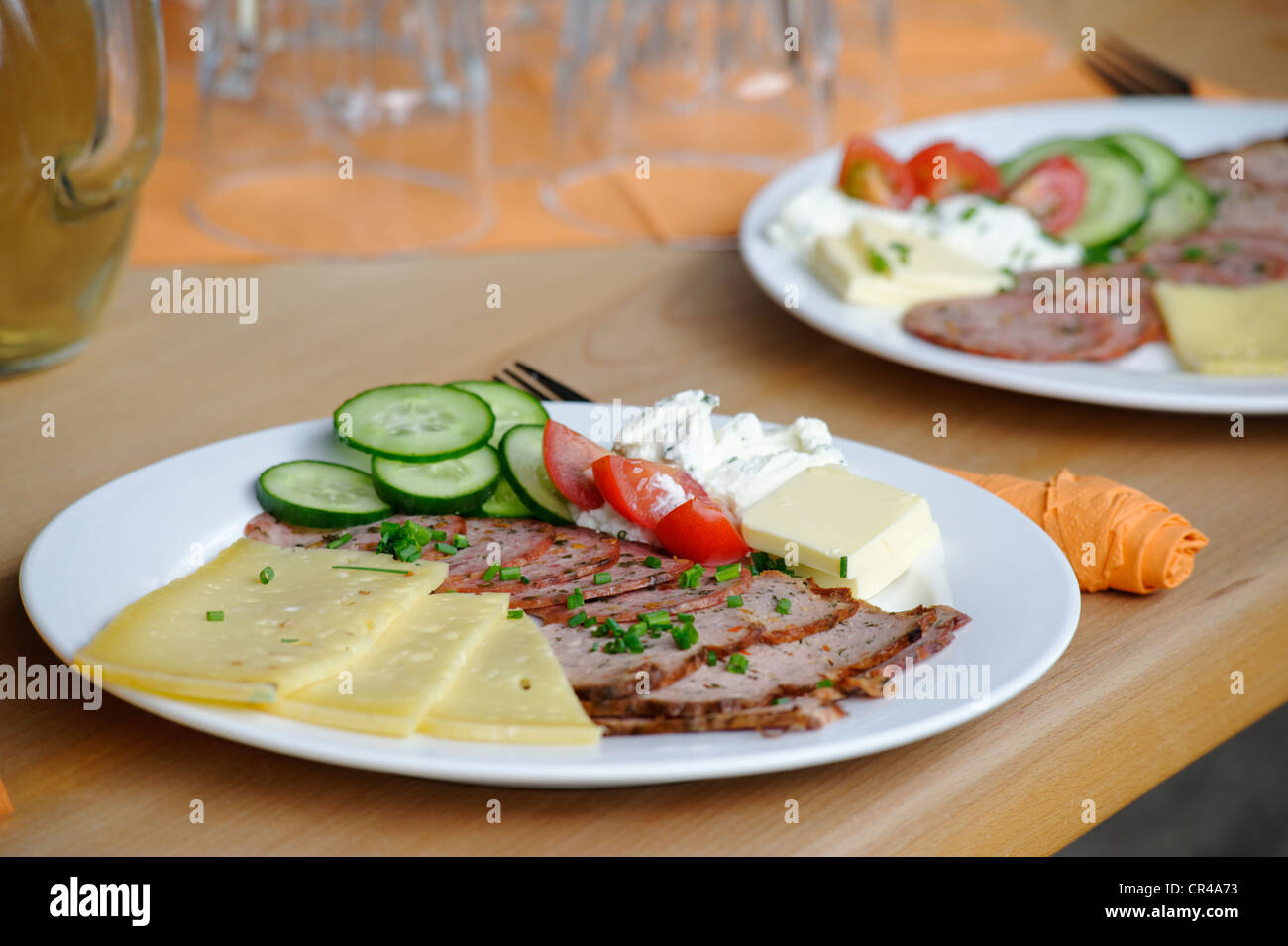 Brotzeit, traditional Bavarian snack, with herbs in Café-Bistro Kraeutertopf, herbal shop with cafe, Bad Heilbrunn Stock Photo
