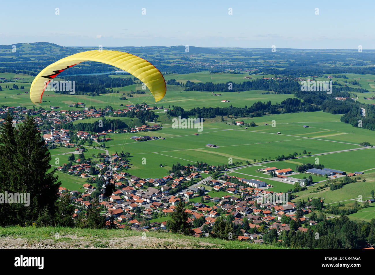 Paraglider gliding from Buchenberg Mountain above Buching, East Allgaeu, Swabia, Bavaria, Germany, Europe Stock Photo