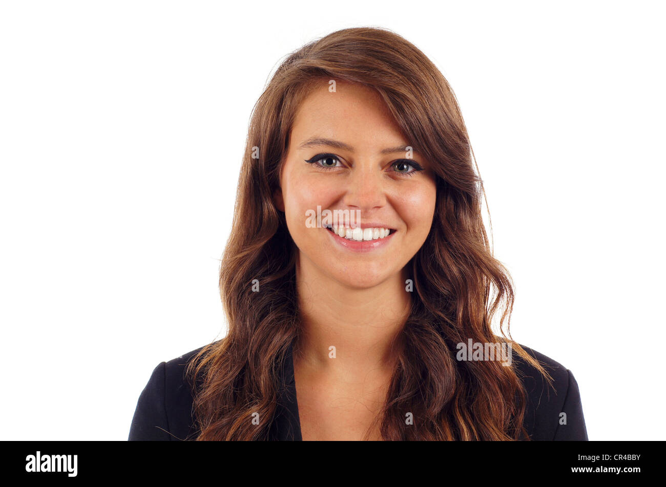 Happy young business woman isolated over white background Stock Photo ...