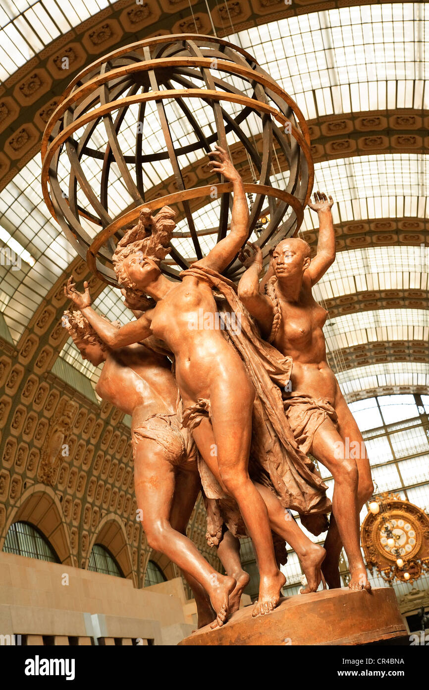 France, Paris, the Orsay Museum, the Four parts of the World Holding a Celestial Sphere by the artist Jean Baptiste Carpeaux Stock Photo