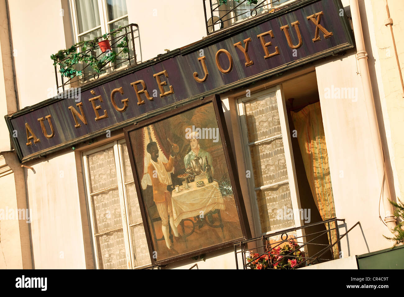 France, Paris, the Rue Mouffetard (the Mouffetard Street), sign at the Negre Joyeux Stock Photo