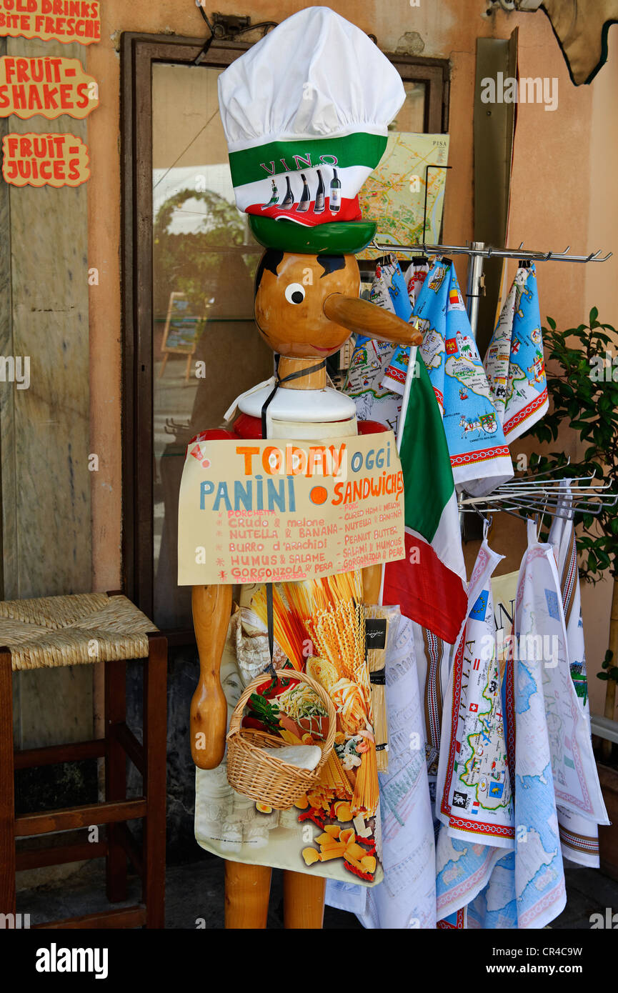 Pinocchio as a promotional figure in front of a restaurant in the Via Santa Maria, Pisa, Tuscany, Italy, Europe Stock Photo