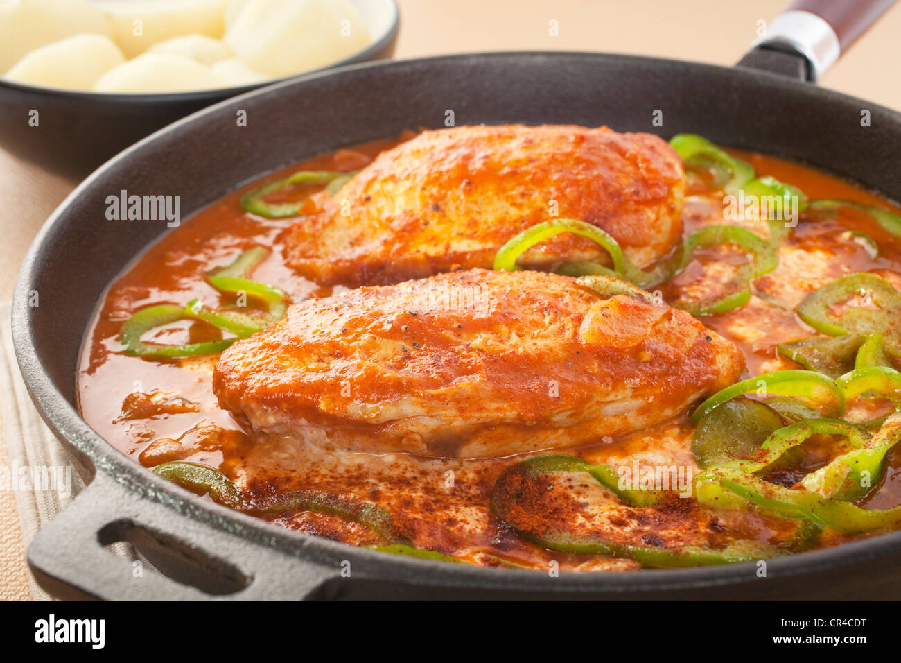 A warm winter meal, chicken paprika has a sauce made from onion, paprika, tomato and green capsicum, Stock Photo
