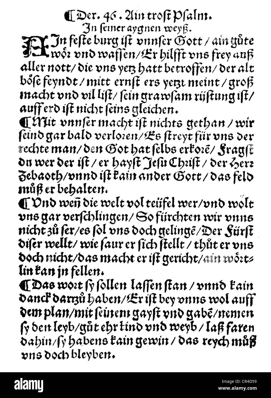 First known print of the song 'Eine feste Burg ist unser Gott' by Martin Luther, from 'Form und Ordnung Gaystlicher Gesang und Stock Photo