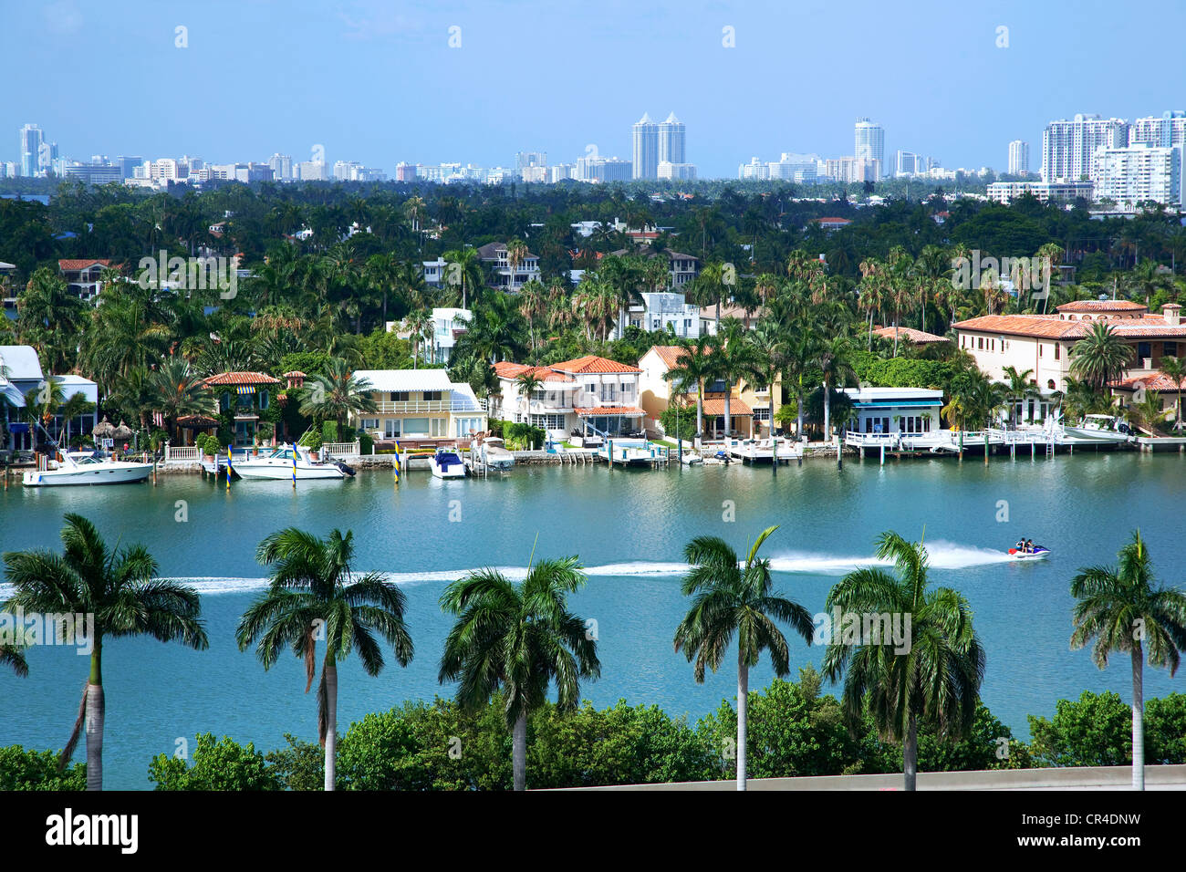 United States, Florida, Miami, Biscayne Bay, Macarthur Causeway and Palm Island, in the background Miami beach Stock Photo