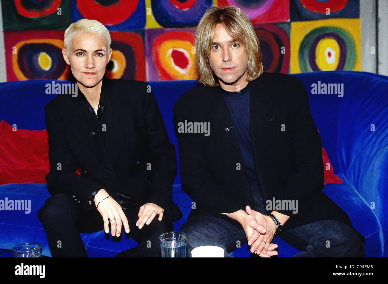 Roxette, Swedish rock music duo, half length, sitting on a couch, 1995, Stock Photo