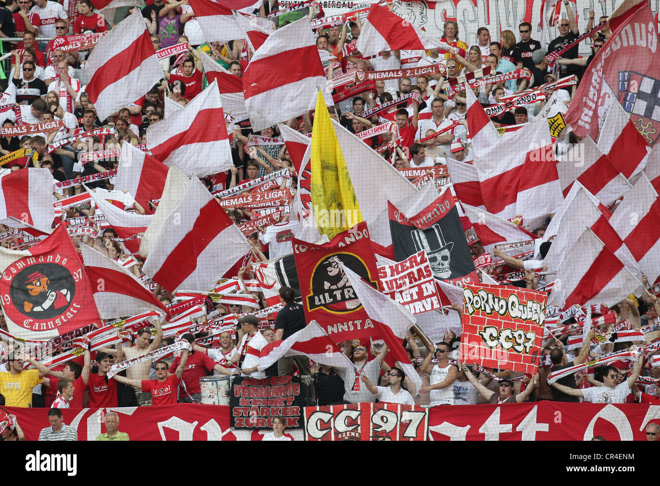 Red and white sea of flags in the stands of the  fans, VfB  football club, Mercedes-Benz Arena, , Baden-Wuerttemberg Stock Photo