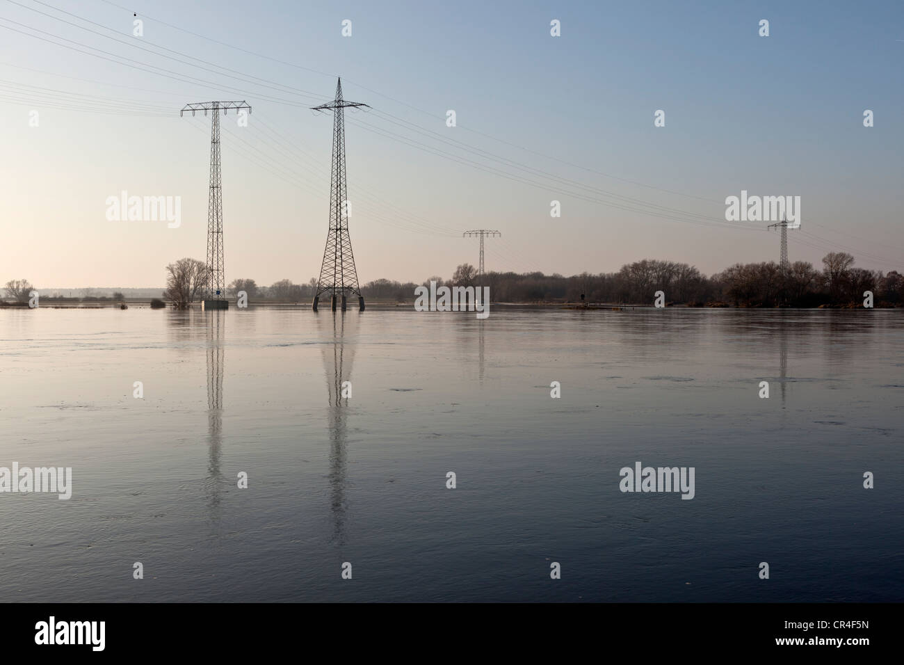 Electricity pylons in the Elbe flood, Ferchland, Saxony-Anhalt, Germany, Europe Stock Photo