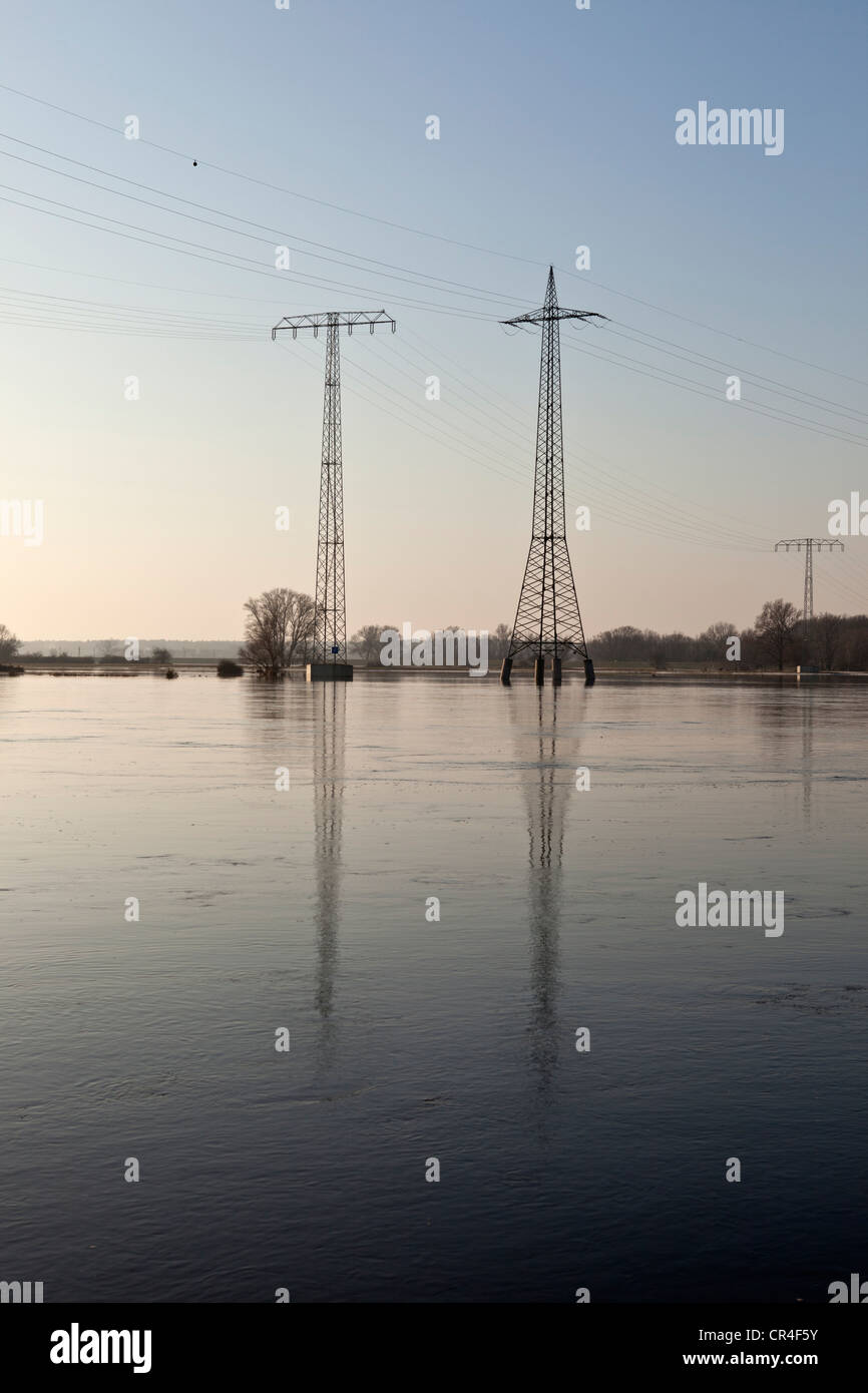 Electricity pylons in the Elbe flood, Ferchland, Saxony-Anhalt, Germany, Europe Stock Photo