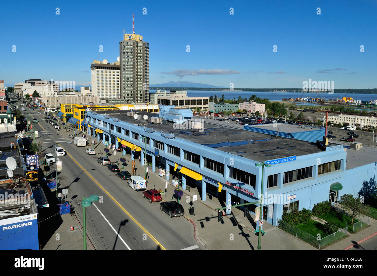 View over downtown Anchorage and Cook Inlet, Alaska, USA, North America Stock Photo