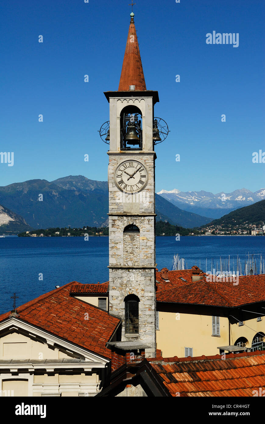Italy, Lombardy, Lake Maggiore, Laveno Mombello, downtown and the bell tower of St Philip and James Church Stock Photo