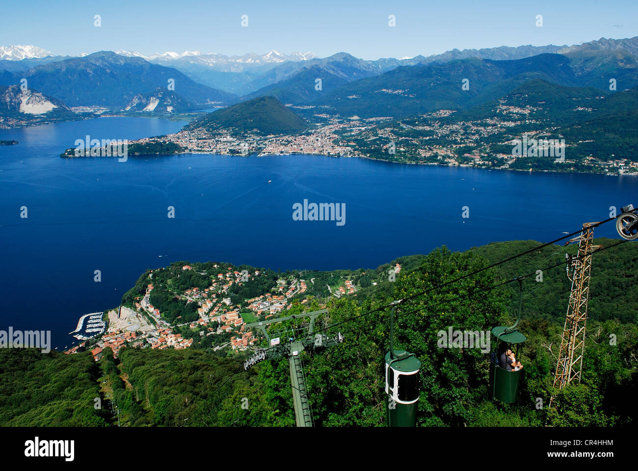 Italy, Lombardy, Lake Maggiore, Laveno Mombello, the village and the lake seen from the cable car of Sasso del Ferro Mountain Stock Photo