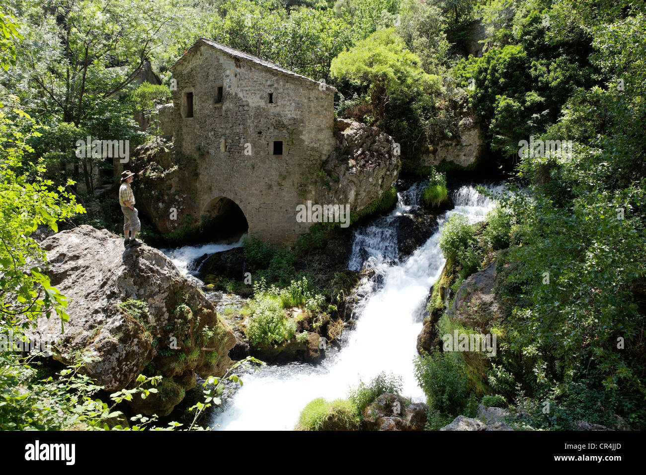 Mill of La Foux at Vis river resurgence, Cirque de Navacelles, Blandas, The Causses and the Cévennes, Mediterranean Stock Photo