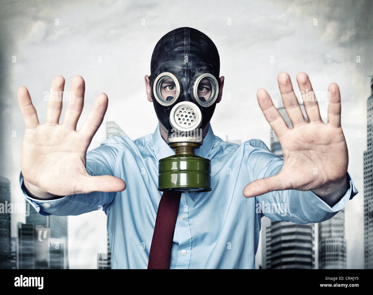 businessman with gas mask stop posture Stock Photo