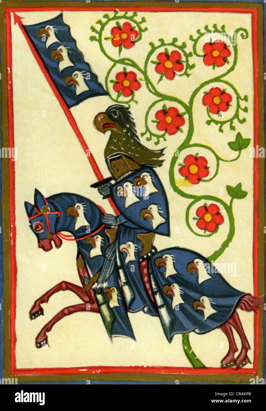 Hartmann von Aue, German poet, 13th century, minnesinger, in armour on horseback, illustration from the Codex Manesse, early 14th century, Artist's Copyright has not to be cleared Stock Photo