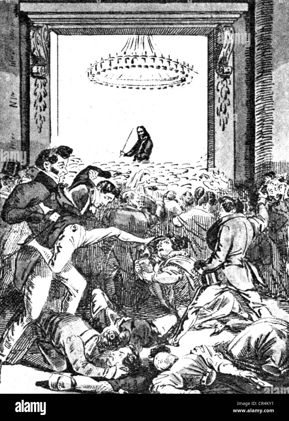 Paganini, Niccolo, 27.10.1782 - 27.5.1840, Italian musician (violinist), half length, during a stage performance, how the Berlins scramble to get a violin player, caricature, Berlin, Germany, 1829, Stock Photo