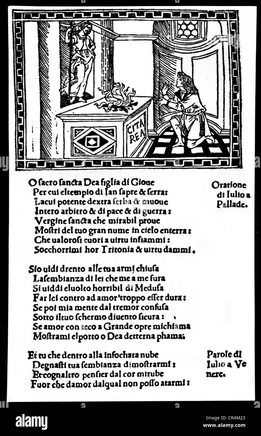 Poliziano, Angelo, 14.7.1454 - 24.9.1494, Italian author / writer, humanist, poet, oevre 'Stanze per la giostra di Giuliano de Medici', page, florentiners edition, 1494, Stock Photo
