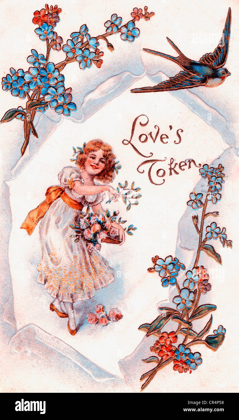 Love's token - vintage card featuring little girl with flowers Stock Photo