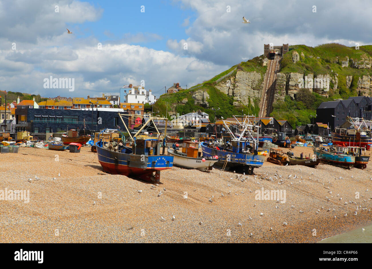 Hastings Stade with the Hastings Contemporary Gallery, formerly the Jerwood Gallery, behind the fishing boats, East Sussex, England, UK, GB Stock Photo
