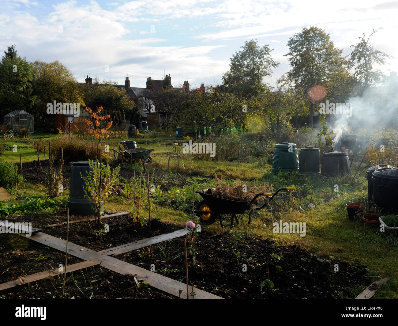 English allottment with a bonfire. Stock Photo