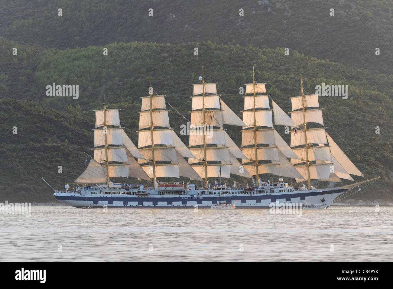 5 masted sailing cruise ship, Royal Clipper, off the island of Korcula