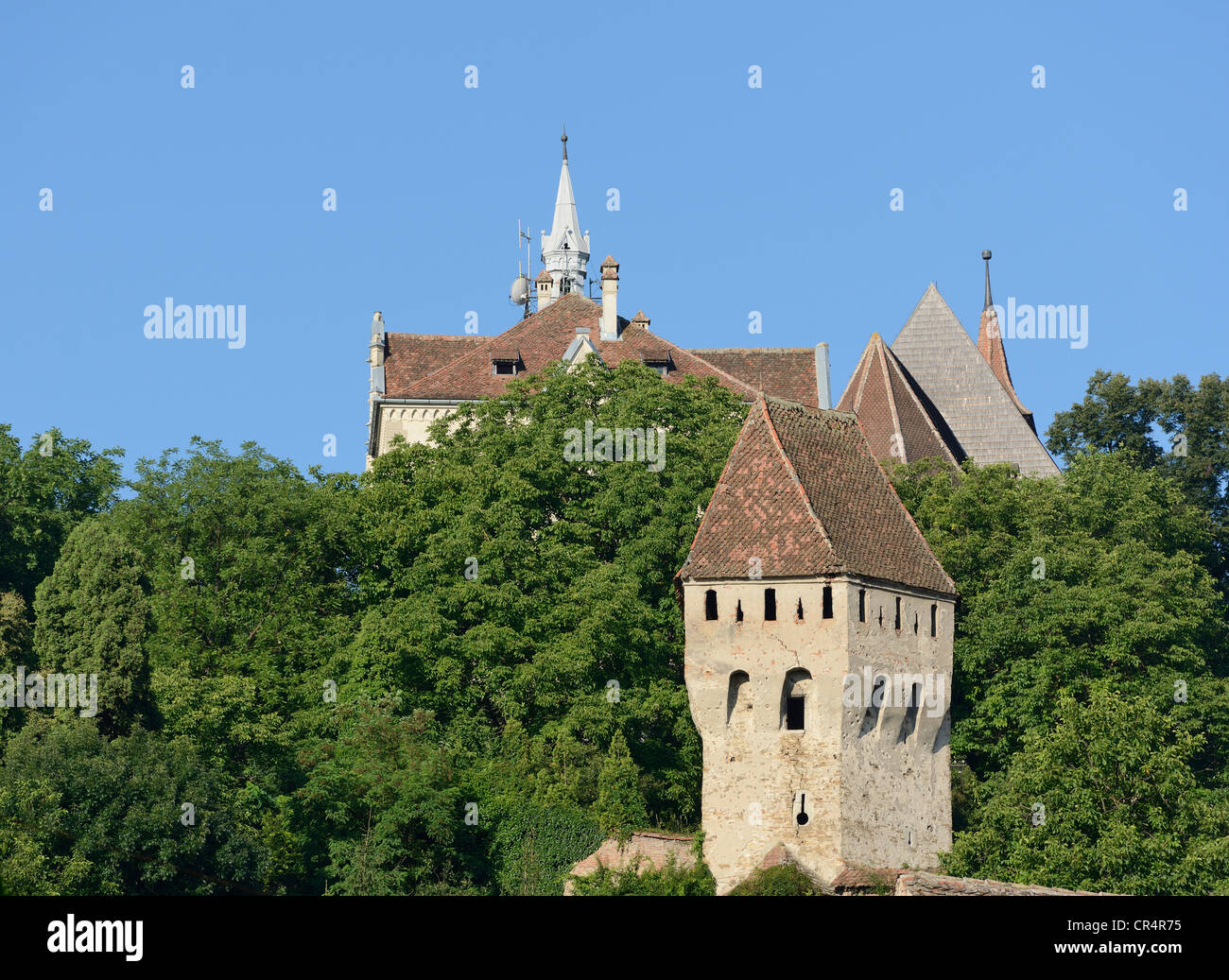 View of the Tin Coaters Tower and the Church on the Hill, UNESCO World Heritage Site, Sighisoara, Transylvania, Romania, Europe Stock Photo