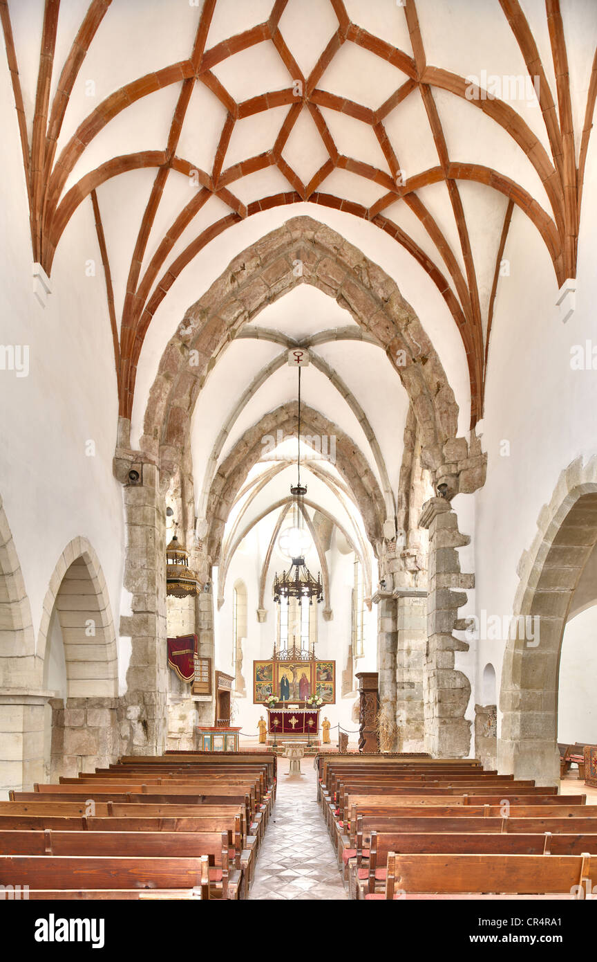 View of the Gothic altar, above a ribbed vault, the fortified church of Prejmer, UNESCO World Heritage Site, Burzenland region Stock Photo