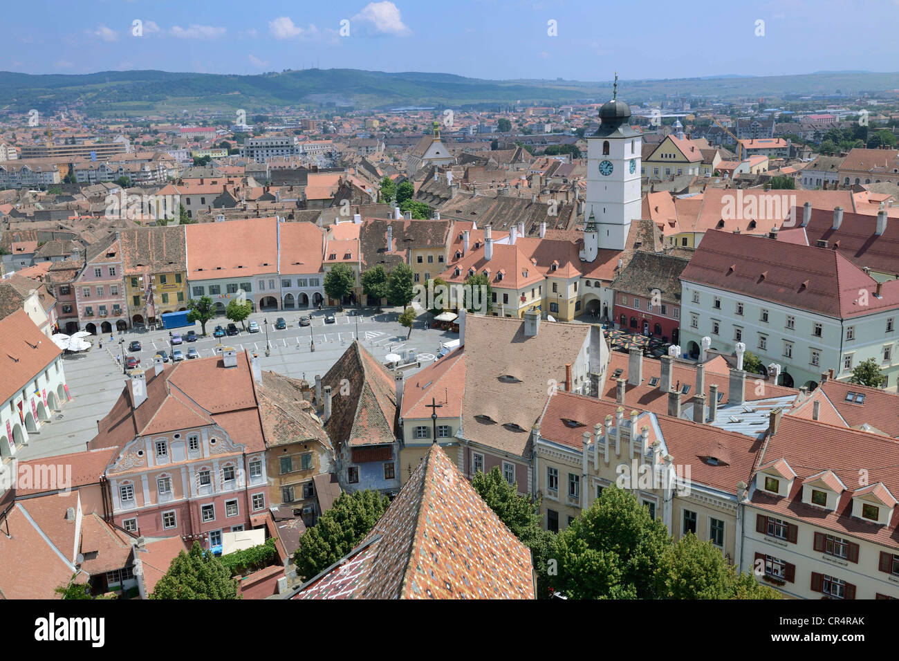 View from the tower of the Protestant church on the old town with old tower of the town hall, old town, Sibiu, Romania, Europe Stock Photo