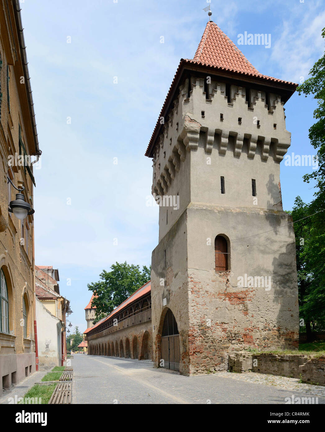 Defensive wall with tower in Strada Cetatii, Sibiu, Romania, Europe Stock Photo