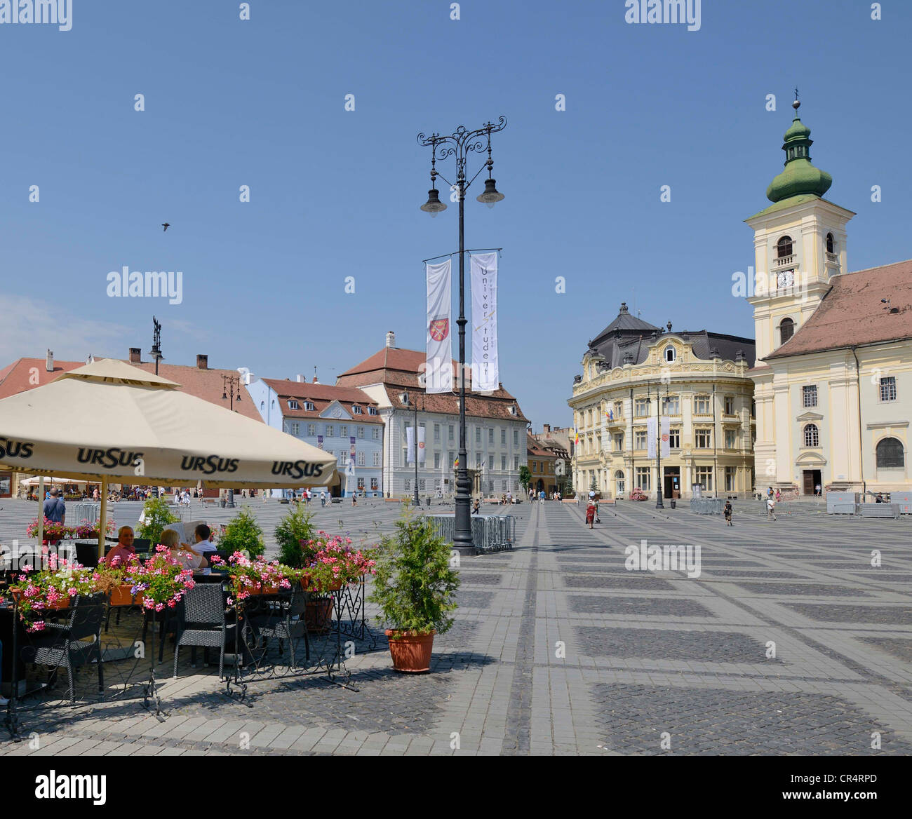 Piata Mare Square with the Catholic Church, Sibiu, Romania, Europe Stock Photo