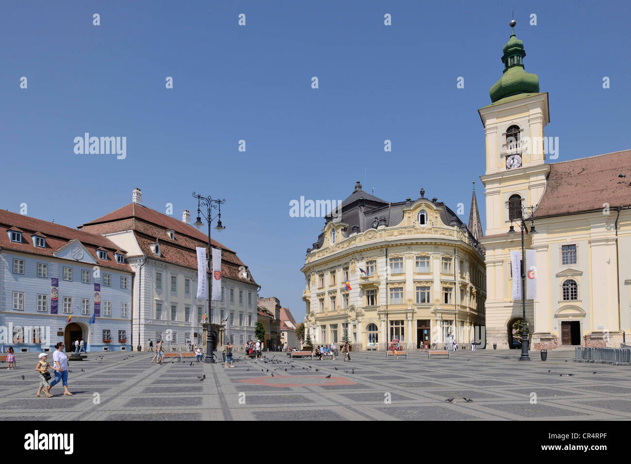 Piata Mare Square with the Catholic Church, Sibiu, Romania, Europe Stock Photo