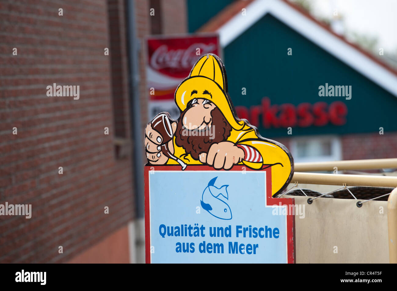 Sign, fishmonger, Neuharlingersiel, East Frisia, Lower Saxony, Germany, Europe Stock Photo