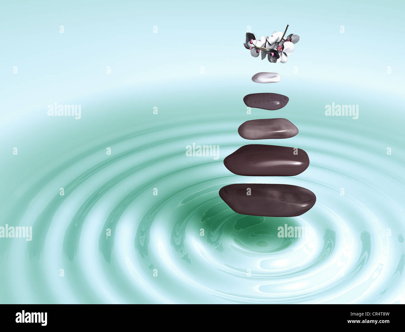 Stones in Levitation with orchids above green circular waves Stock