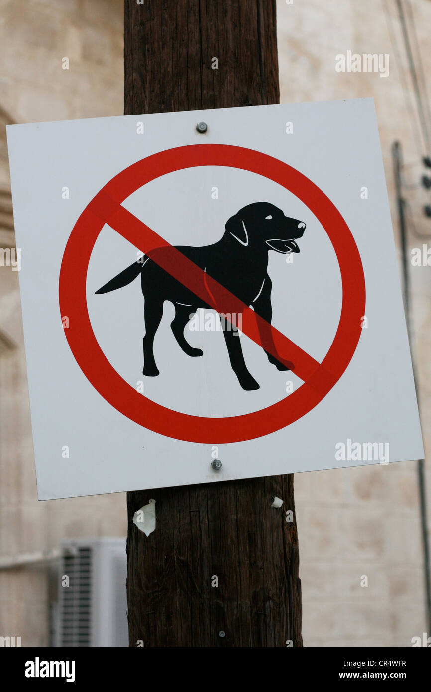 A sign attached to a pole indicates no dogs are allowed Stock Photo