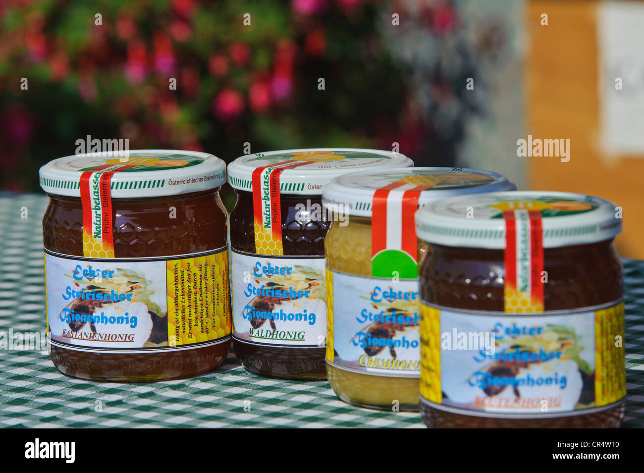 Styrian chestnut honey and forest honey in glass jars, wine region, Southern Styria, Styria, Austria, Europe Stock Photo
